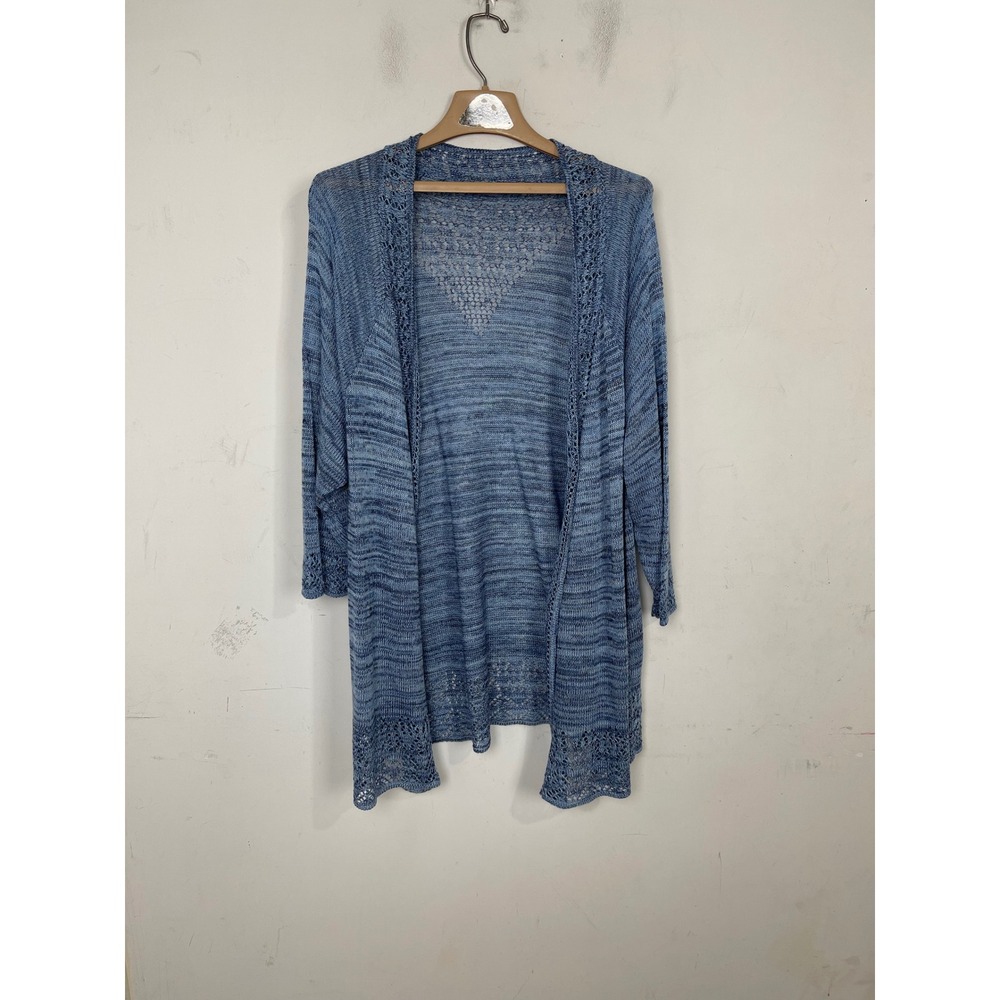 Laura Scott Woman Blue Space Dye Open Front Cardigan Crochet Trim 2X Made in USA